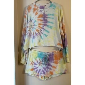 Anthropologie Maronie Long‎ Sleeve Tie Dye Crop Top & Short Cotton Size L